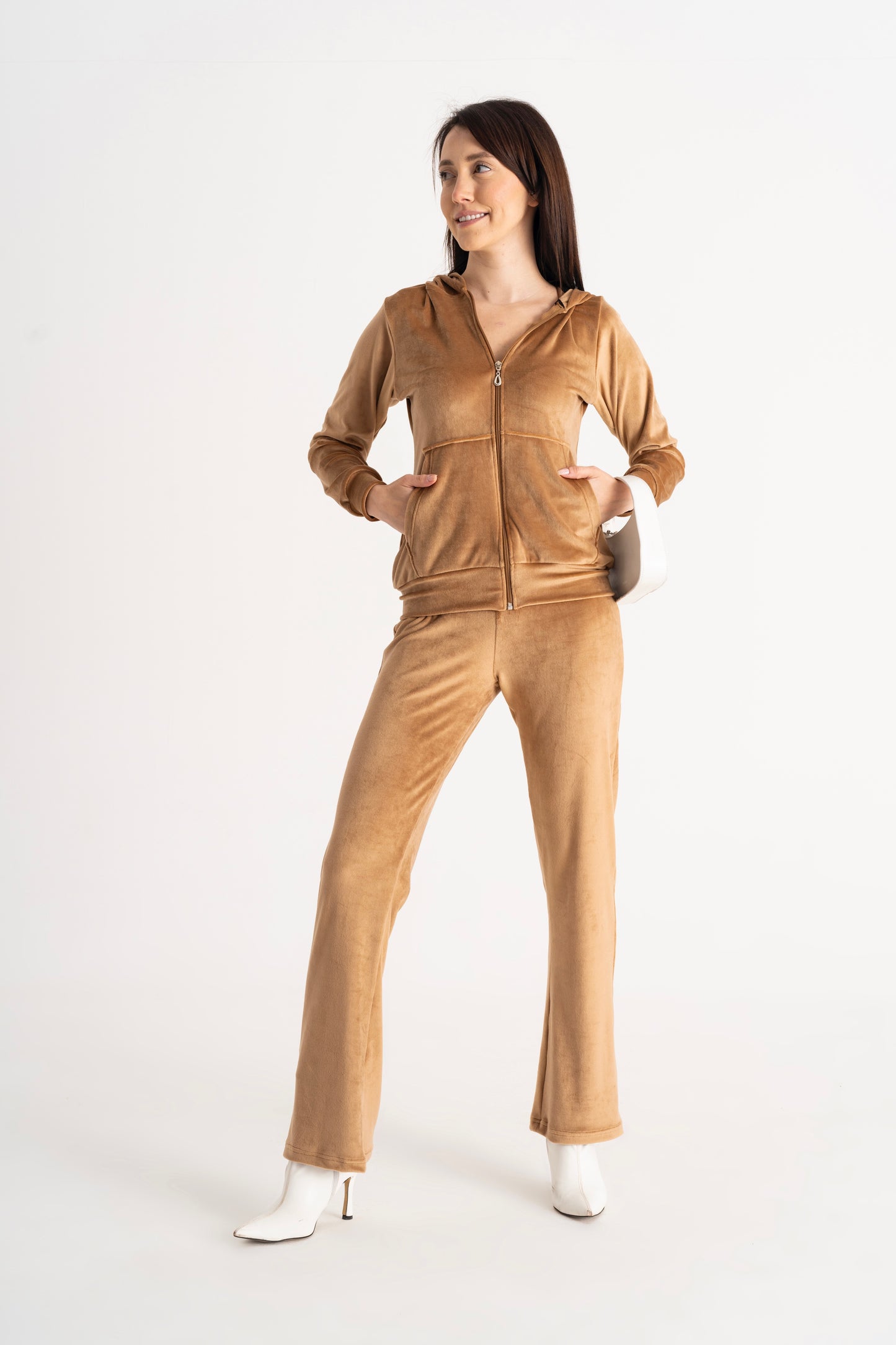 Classic Hooded Velour Tracksuit Set Couture Brown