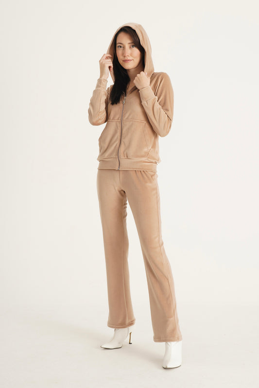 Classic Womens Hooded Velour Tracksuit Set Couture Latte