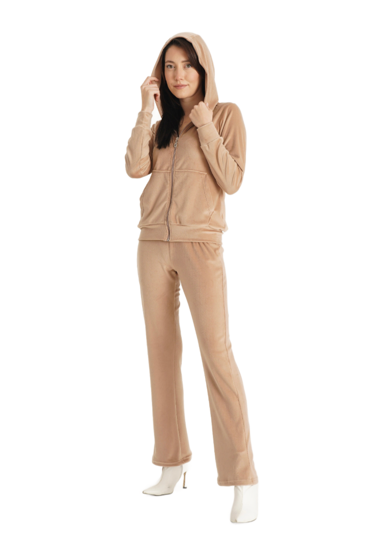 Classic Womens Hooded Velour Tracksuit Set Couture Latte