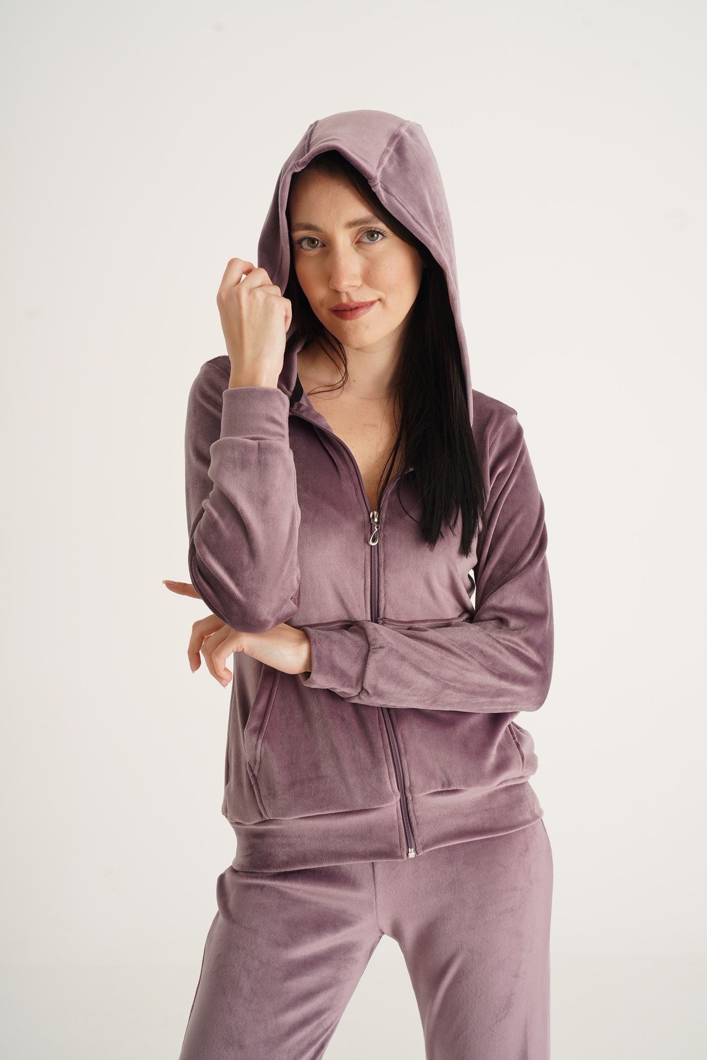 Classic Hooded Ladies Velour Tracksuit Set Couture Purple